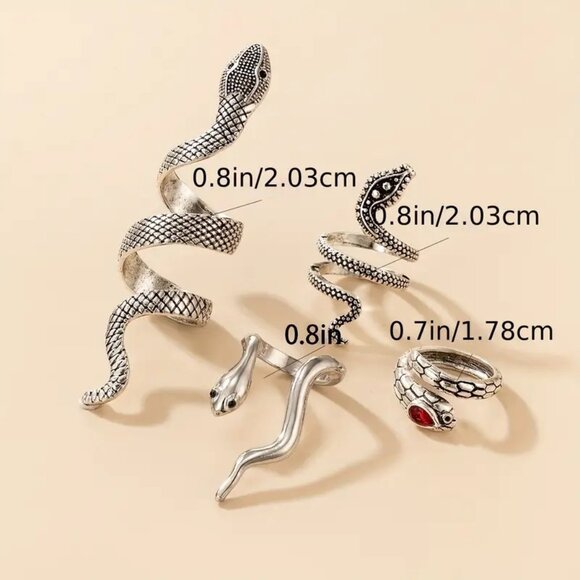 Snake Rings Finger Silver Alloy 4pc Goth Emo Scene Rave Serpent Statement Trendy - Picture 4 of 4